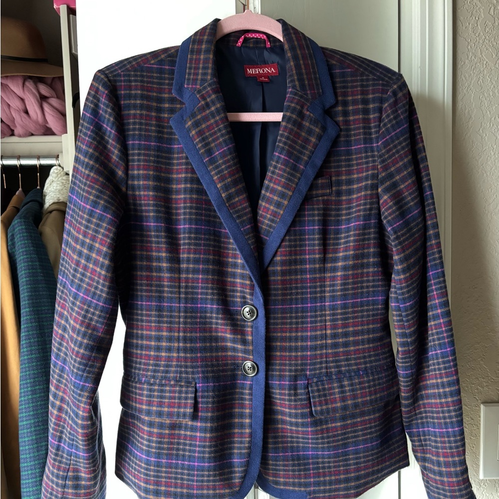 Merona Women's Plaid Blazer Jacket in Navy Multi